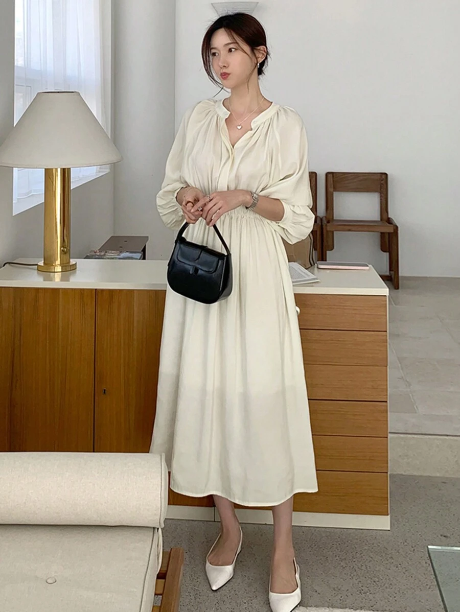 DAZY 素色前紐扣襯衫連衣裙不附吊帶上衣 - 杏色 - 查看 1