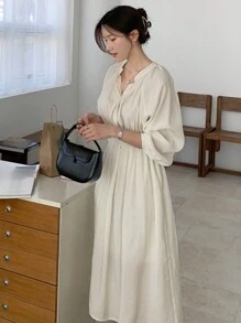 DAZY 素色前紐扣襯衫連衣裙不附吊帶上衣 - 杏色 - 查看 3