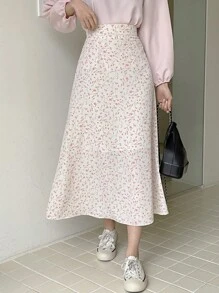 DAZY Falda evasé con estampado floral diminuto, conjunto de vacaciones con volantes para mujer - Beis - Ver 1