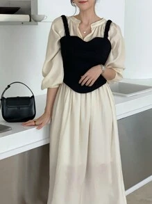 DAZY 素色前紐扣襯衫連衣裙不附吊帶上衣 - 杏色 - 查看 5