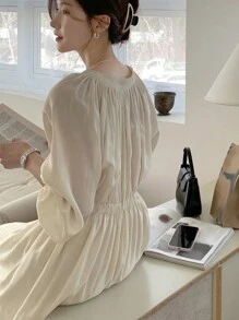 DAZY 素色前紐扣襯衫連衣裙不附吊帶上衣 - 杏色 - 查看 6