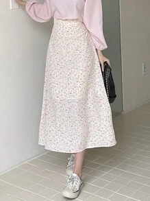 DAZY Falda evasé con estampado floral diminuto, conjunto de vacaciones con volantes para mujer - Beis - Ver 3