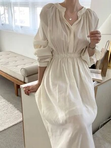 DAZY 素色前紐扣襯衫連衣裙不附吊帶上衣 - 杏色 - 查看 8