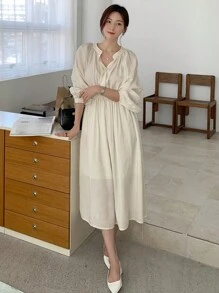 DAZY 素色前紐扣襯衫連衣裙不附吊帶上衣 - 杏色 - 查看 10