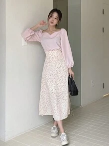 DAZY Falda evasé con estampado floral diminuto, conjunto de vacaciones con volantes para mujer - Beis - Ver 5