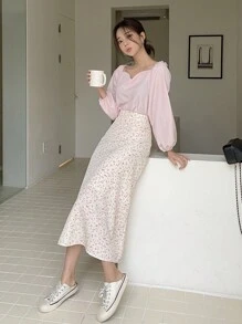 DAZY Falda evasé con estampado floral diminuto, conjunto de vacaciones con volantes para mujer - Beis - Ver 7