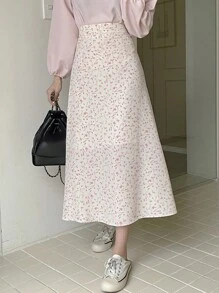 DAZY Falda evasé con estampado floral diminuto, conjunto de vacaciones con volantes para mujer - Beis - Ver 8