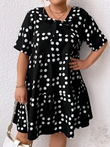 SHEIN LUNE Hängerkleid mit Punkt Muster, Knoten vorn, Rüschenbesatz,