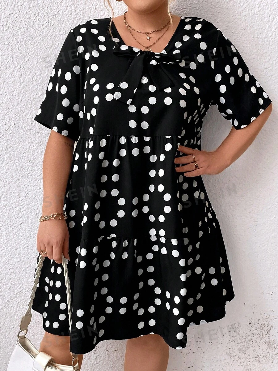 SHEIN LUNE Hängerkleid mit Punkt Muster, Knoten vorn, Rüschenbesatz,