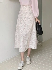 DAZY Falda evasé con estampado floral diminuto, conjunto de vacaciones con volantes para mujer - Beis - Ver 9