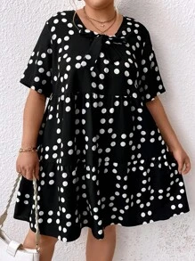 SHEIN LUNE Hängerkleid mit Punkt Muster, Knoten vorn, Rüschenbesatz,