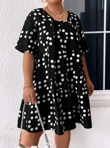 SHEIN LUNE Hängerkleid mit Punkt Muster, Knoten vorn, Rüschenbesatz,