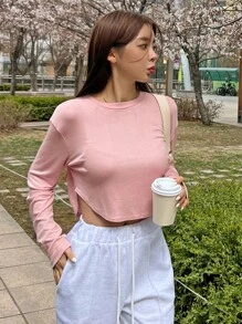 DAZY Camiseta corta de manga larga sólida - Rosa - Ver 3