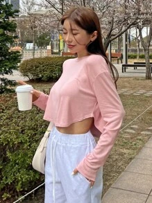 DAZY Camiseta corta de manga larga sólida - Rosa - Ver 4