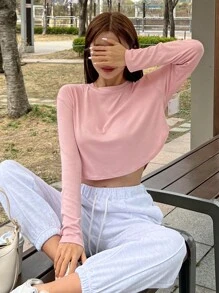 DAZY Camiseta corta de manga larga sólida - Rosa - Ver 6