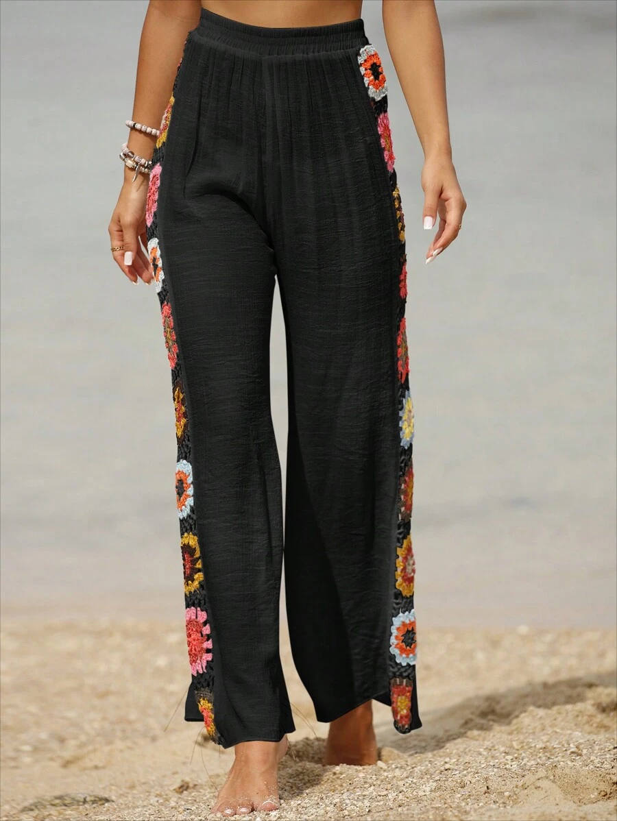 Swim Vcay Floral Crochet Panel Wide Leg Cover Up Trousers - Black - View 1