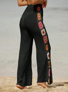 Swim Vcay Floral Crochet Panel Wide Leg Cover Up Trousers - Black - View 2