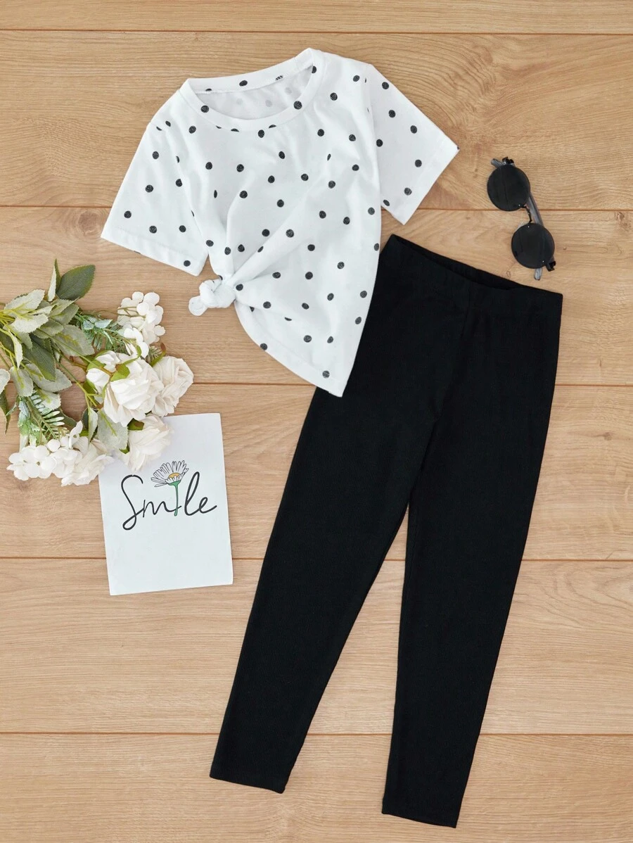 SHEIN Cottnline Young Girls Polka Dot Print Tee & Leggings - Black and White - View 1