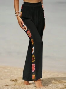 Swim Vcay Floral Crochet Panel Wide Leg Cover Up Trousers - Black - View 3