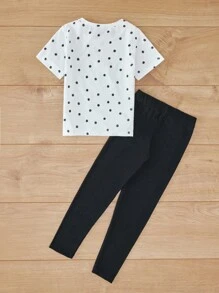 SHEIN Cottnline Young Girls Polka Dot Print Tee & Leggings - Black and White - View 2