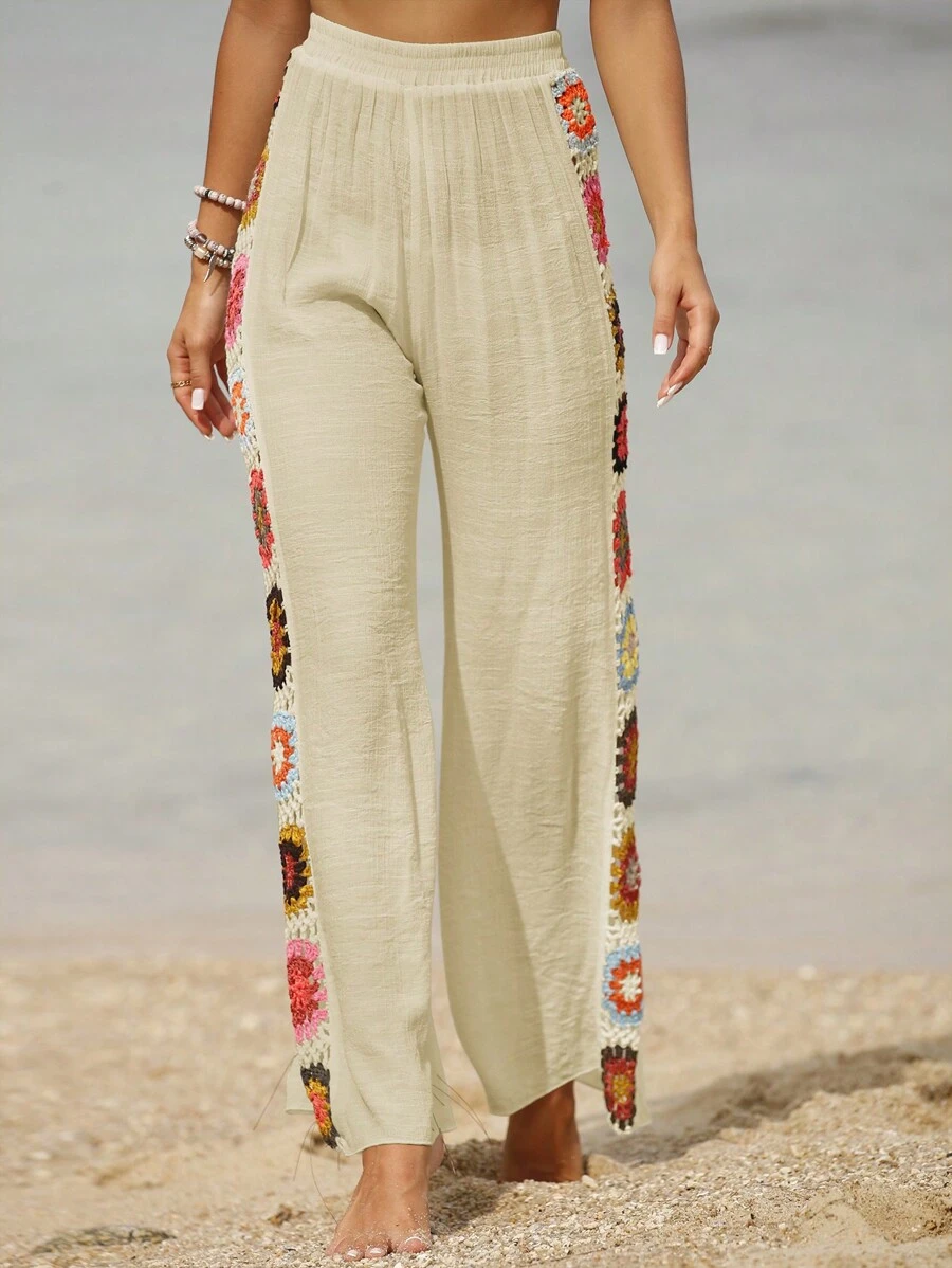 SHEIN Swim Floral Crochet Side Wide Leg Cover Up Trousers - Apricot - View 1