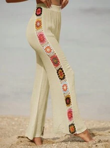 SHEIN Swim Floral Crochet Side Wide Leg Cover Up Trousers - Apricot - View 3