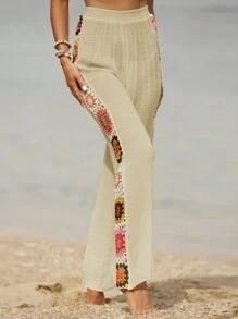 SHEIN Swim Floral Crochet Side Wide Leg Cover Up Trousers - Apricot - View 4