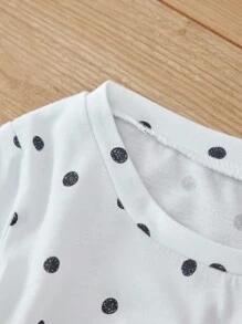 SHEIN Cottnline Young Girls Polka Dot Print Tee & Leggings - Black and White - View 6