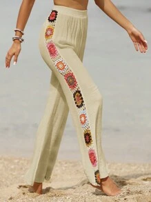 SHEIN Swim Floral Crochet Side Wide Leg Cover Up Trousers - Apricot - View 5