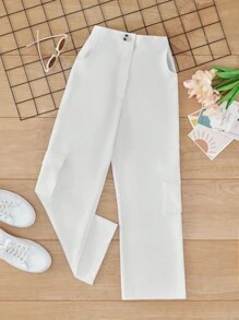 RueChic Tween Girl Flap Pocket Side Cargo Pants - White - View 1