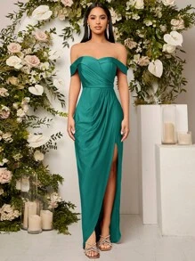 SHEIN Belle Off Shoulder Wrap Hem Bridesmaid Dress - Cadet Blue - View 3