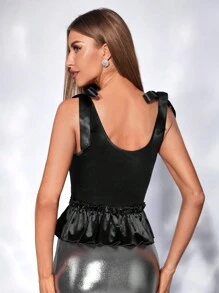 Allurite Tie Shoulder Hook And Eye Ruffle Hem Cami Top - Black - View 2