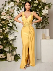 SHEIN Belle 前扭結高衩伴娘連衣裙 - 黃色 - 查看 1