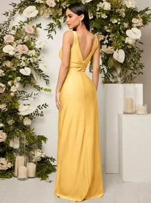 SHEIN Belle 前扭結高衩伴娘連衣裙 - 黃色 - 查看 2