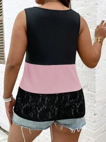 SHEIN LUNE Áo hai dây Plus Size Tương phản ren Khối Màu Giải trí - Nhiều màu - Xem 2