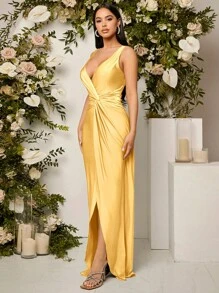 SHEIN Belle 前扭結高衩伴娘連衣裙 - 黃色 - 查看 6