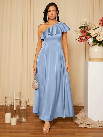 SHEIN Belle Asymmetrical Neck Ruffle Trim Satin Bridesmaid Dress Elegant Formal Evening Prom Wedding Guest Gown, For Graduation, Dinner Party Dress