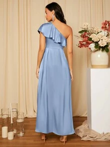 SHEIN Belle Asymmetrical Neck Ruffle Trim Satin Bridesmaid Dress Elegant Formal Evening Prom Wedding Guest Gown, For Graduation, Dinner Party Dress
