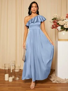 SHEIN Belle Asymmetrical Neck Ruffle Trim Satin Bridesmaid Dress Elegant Formal Evening Prom Wedding Guest Gown, For Graduation, Dinner Party Dress