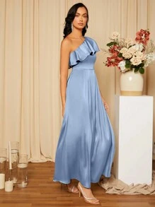 SHEIN Belle Asymmetrical Neck Ruffle Trim Satin Bridesmaid Dress Elegant Formal Evening Prom Wedding Guest Gown, For Graduation, Dinner Party Dress