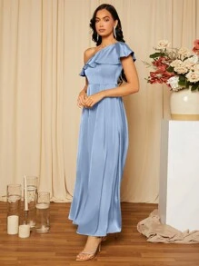 SHEIN Belle Asymmetrical Neck Ruffle Trim Satin Bridesmaid Dress Elegant Formal Evening Prom Wedding Guest Gown, For Graduation, Dinner Party Dress