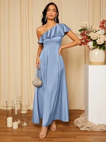SHEIN Belle Asymmetrical Neck Ruffle Trim Satin Bridesmaid Dress Elegant Formal Evening Prom Wedding Guest Gown, For Graduation, Dinner Party Dress