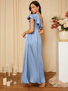 SHEIN Belle Asymmetrical Neck Ruffle Trim Satin Bridesmaid Dress Elegant Formal Evening Prom Wedding Guest Gown, For Graduation, Dinner Party Dress