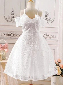 SHEIN 女孩挖肩荷葉邊蕾絲連衣裙 - 白色 - 查看 2