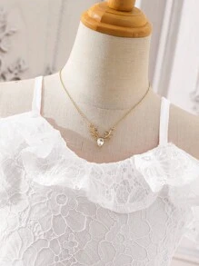 SHEIN 女孩挖肩荷葉邊蕾絲連衣裙 - 白色 - 查看 3