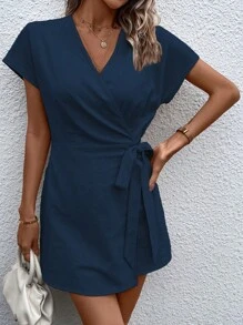 SHEIN Clasi 素色圍裹側打結連身短褲 - 藏蓝色 - 查看 1