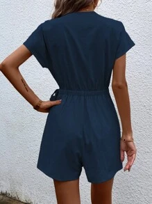 SHEIN Clasi 素色圍裹側打結連身短褲 - 藏蓝色 - 查看 2