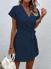 SHEIN Clasi 素色圍裹側打結連身短褲 - 藏蓝色 - 查看 4