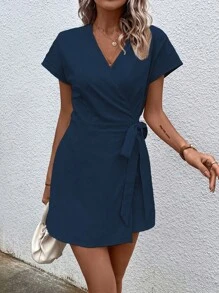 SHEIN Clasi 素色圍裹側打結連身短褲 - 藏蓝色 - 查看 5