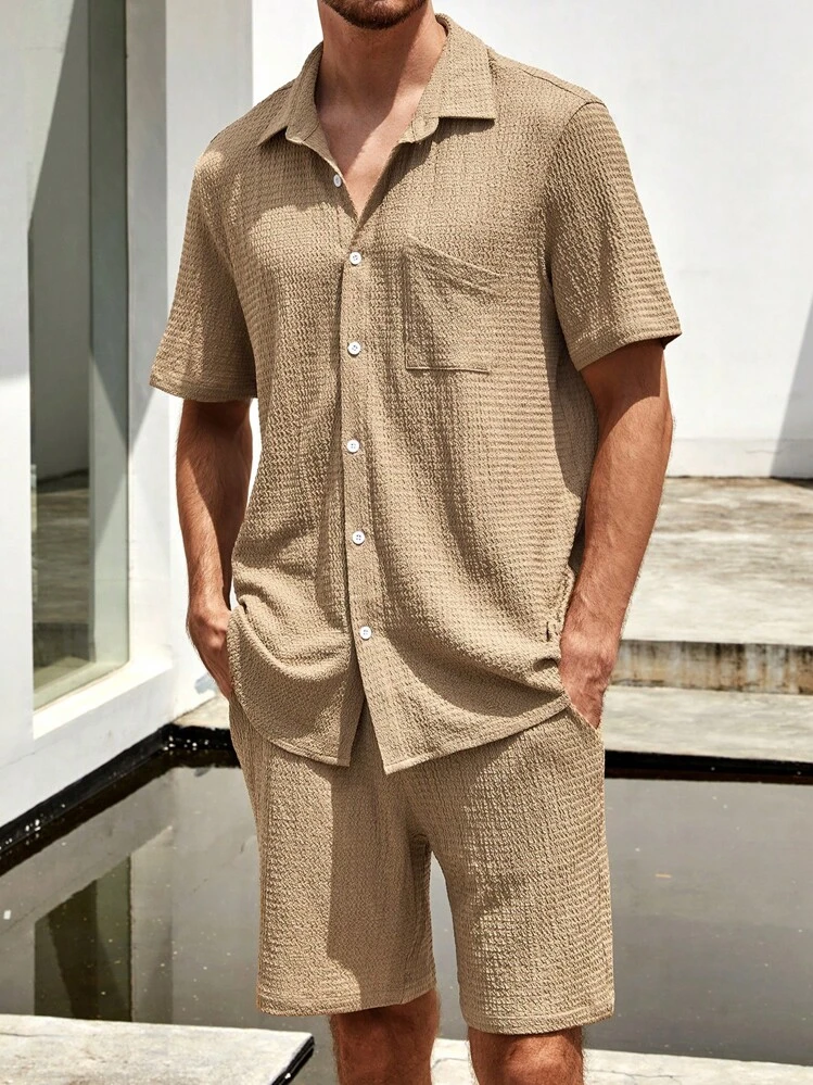 Manfinity Homme Nam Màu thuần Áo sơ mi Với túi Và Vá lại Quần short - Màu Khaki - Xem 1